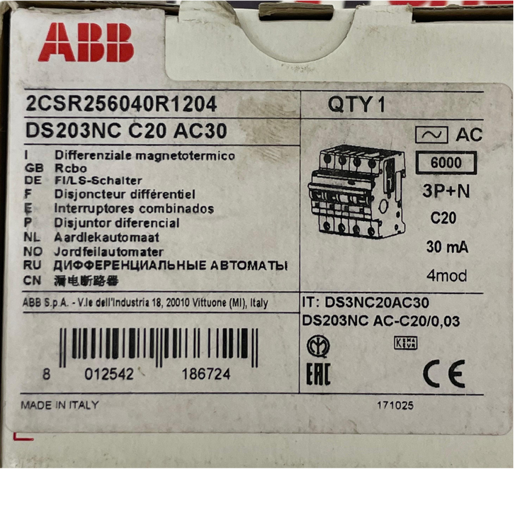 ABB DS203NC C20 AC30 Circuit Breaker with Overcurrent Protection 2CSR256040R1204