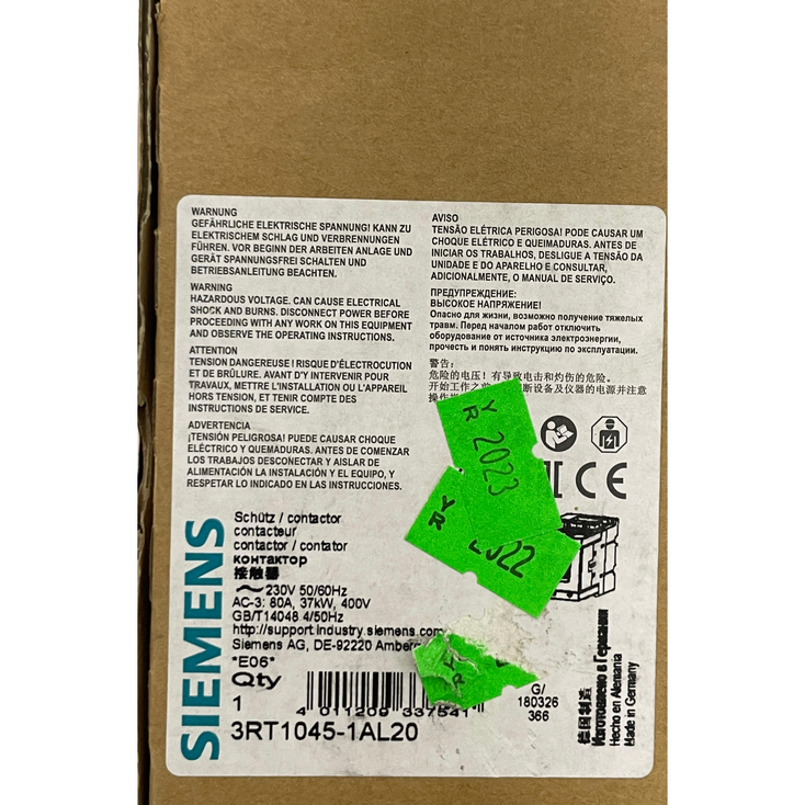 SIEMENS 3RT1045-1AL20 POWER CONTACTOR SIRIUS 230V 50/60HZ 80A 37KW 400V