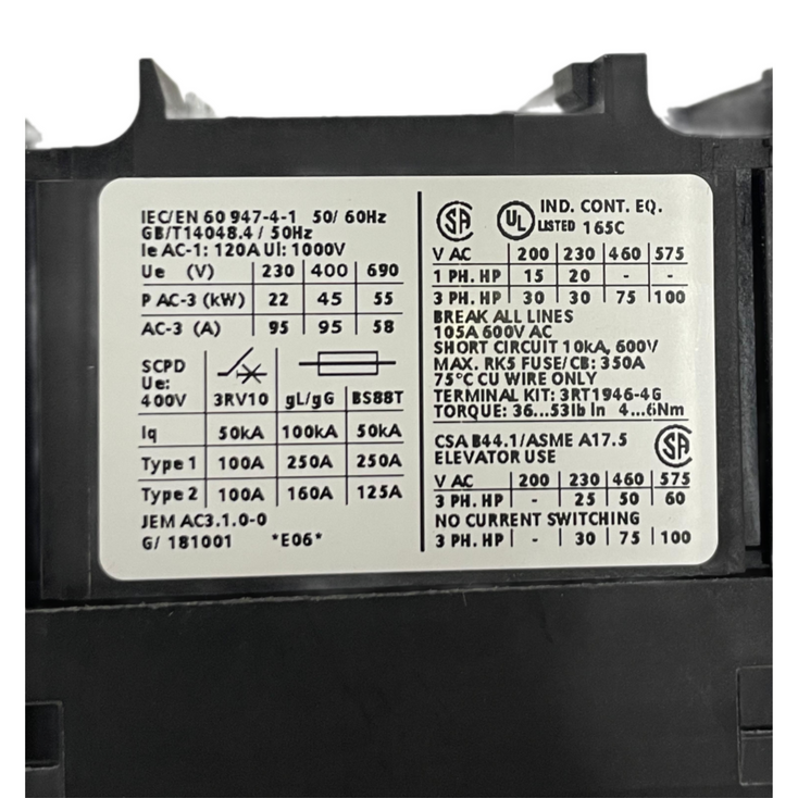 SIEMENS 3RT1046-1AV60 POWER CONTACTOR SIRIUS AC-3 95 A 45 kW / 400 V 480 V AC