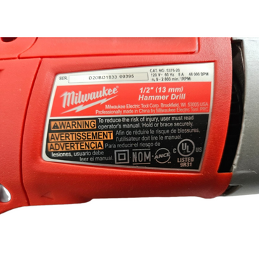 Taladro Percutor Milwaukee 5376-20 - 8 Amperios, Cableado, 1/2 Pulgada, Con Mango Auxiliar, Usado En Buen Estado
