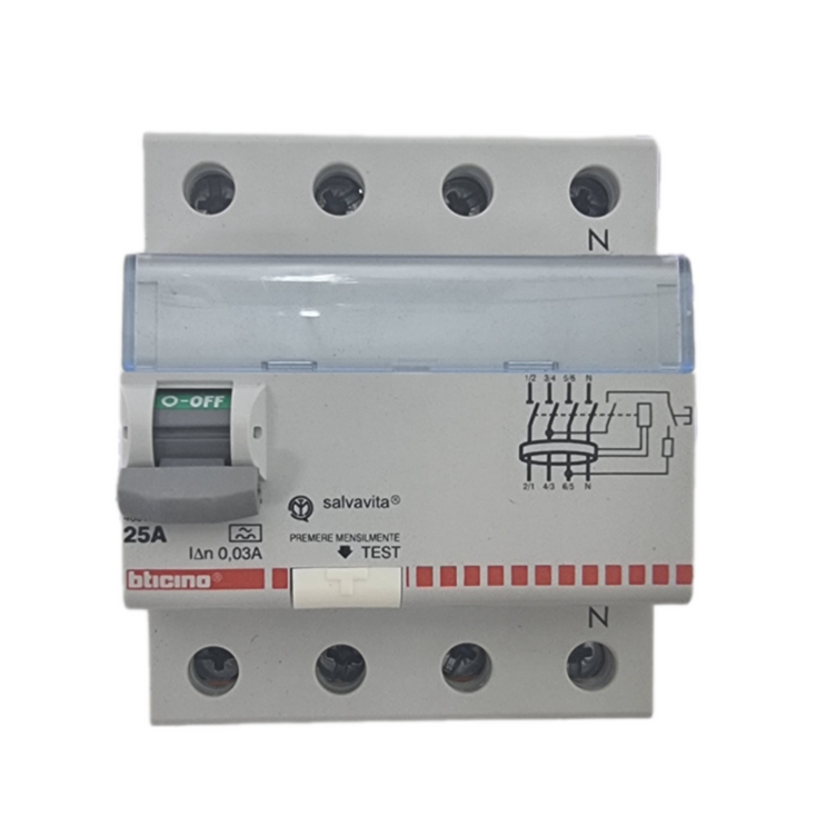 Bticino G743N/25A Current Operated Circuit Breaker 4P 25A 0,03A A 4MOD