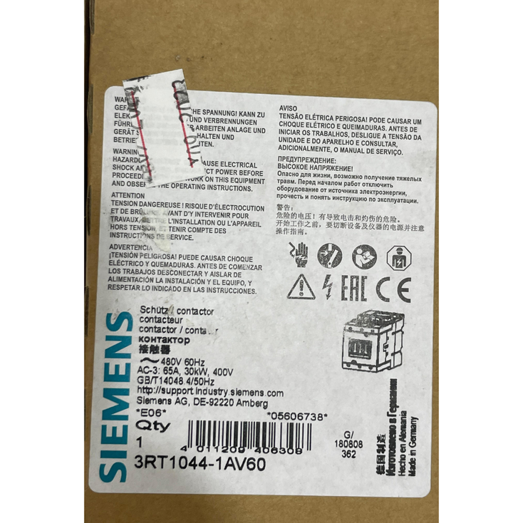 SIEMENS 3RT1044-1AV60 Contactor AC-3 65 A, 30 kW / 400 V 480 VAC, 60 Hz, 3-poles